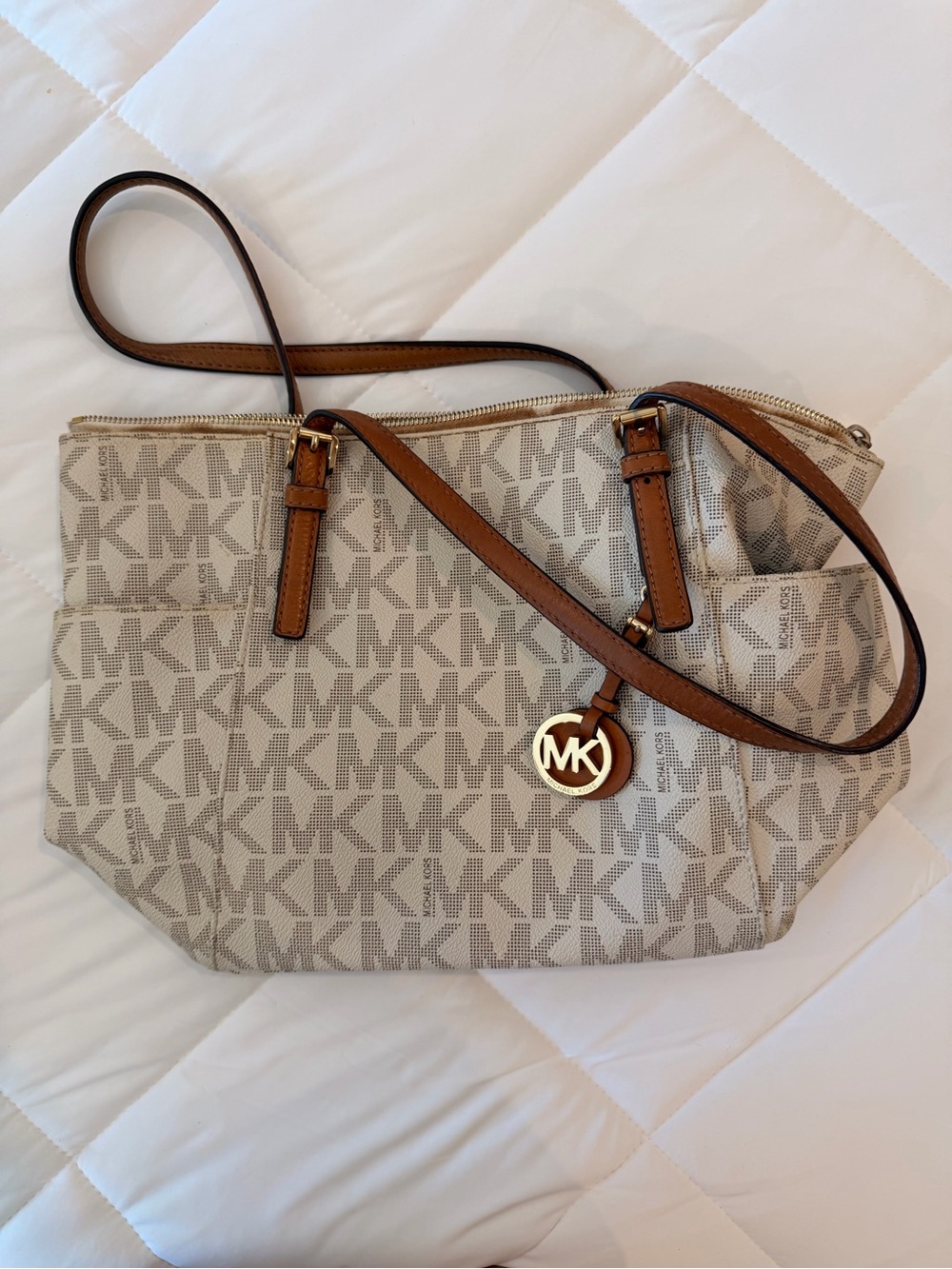 Michael Kors Beige Signature MK Crossbody with Brown Trim
